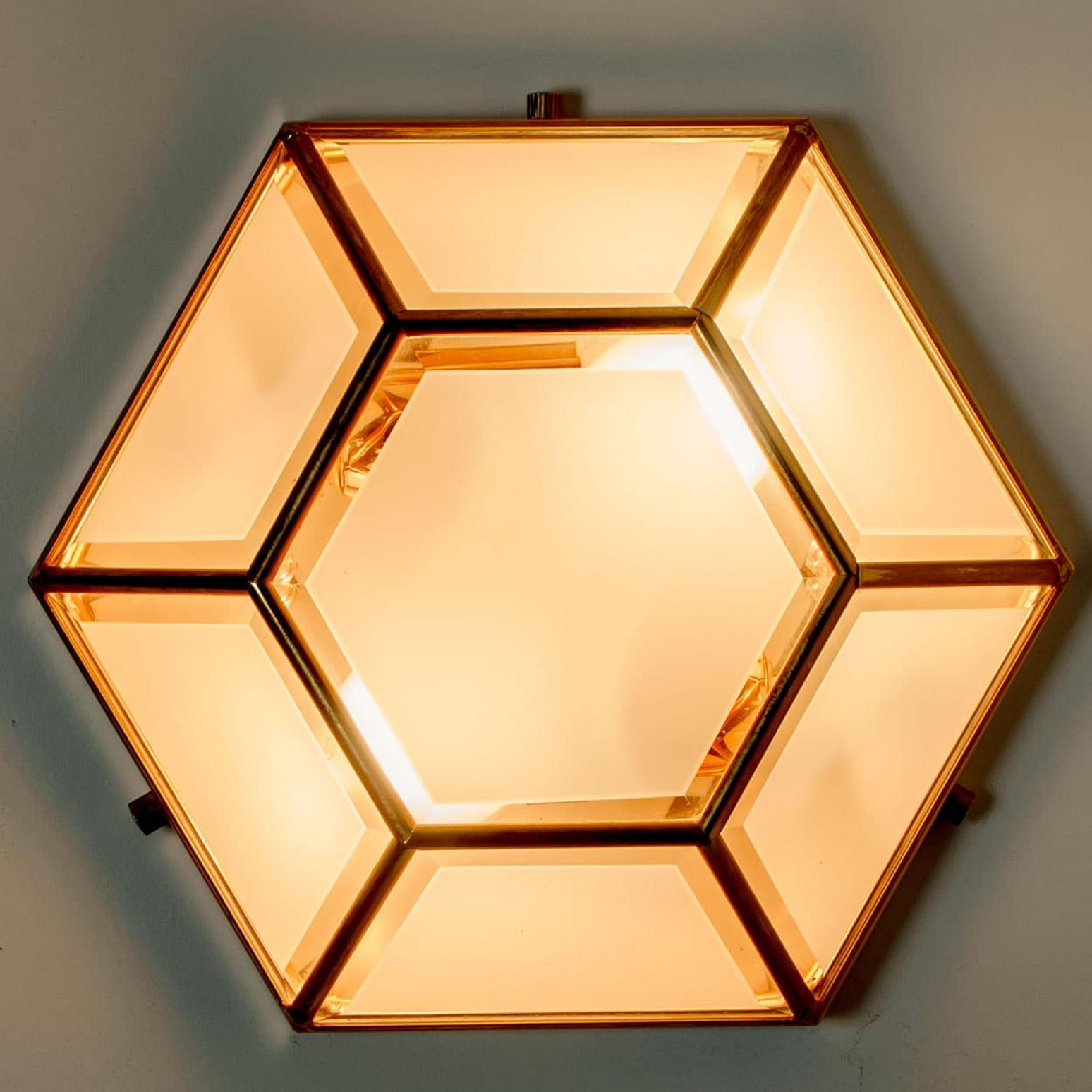 1 of the 2 Hexagonal Brass Glass Lights, Glashütte Limburg, 1970's For Sale 1