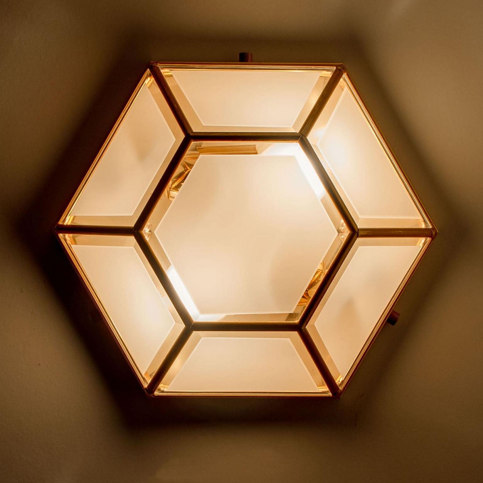 1 of the 2 Hexagonal Brass Glass Lights, Glashütte Limburg, 1970's For Sale 2