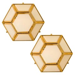1 of the 2 Hexagonal Brass Glass Lights, Glashütte Limburg, 1970's