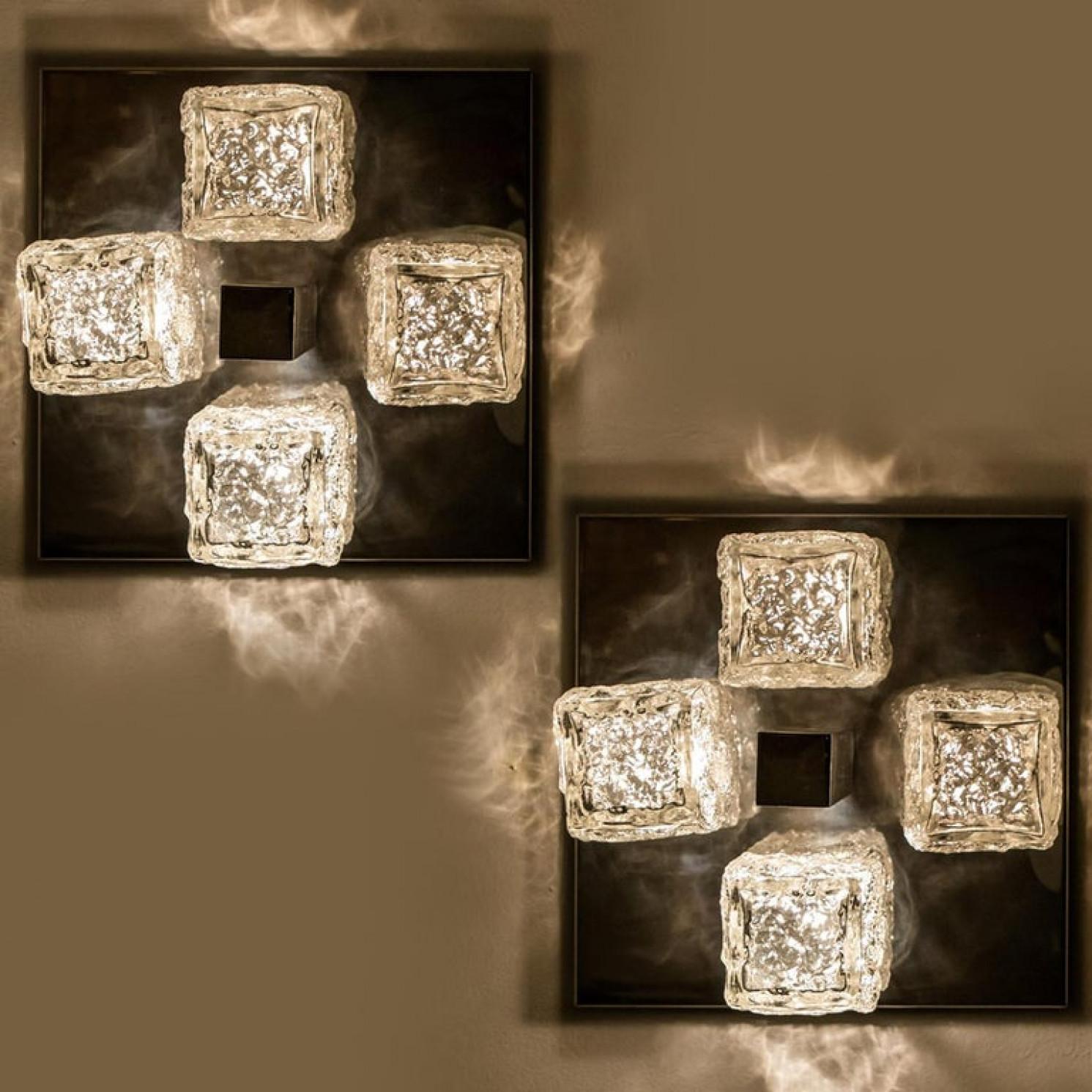 1 of the 2 flush lights with Brutalist ice glass on a chrome frame, circa 1970s, German. Often attributed to J.T. Kalmar this design was actually produced by Hillebrand Lighting of Germany.

Cruciform design flush mount light with four structured