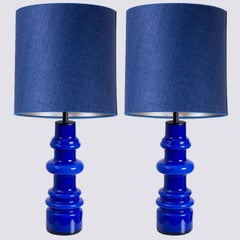 1 of the 2 Holmegaard Indigo Ceramic Lamps, Custom Blue Lampshades by R. Houben