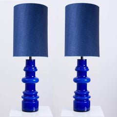 1 of the 2 Holmegaard Indigo Ceramic Lamps, Custom Tall Blue Shades by R. Houben