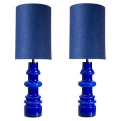 1 of the 2 Holmegaard Indigo Ceramic Lamps, Custom Tall Blue Shades by R. Houben