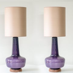 1 of the 2 Holmegaard Lilac Ceramic Lamps, Custom Silk Lampshades by R. Houben
