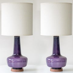 1 of the 2 Holmegaard Lilac Ceramic Lamps, Custom White Lampshades by R. Houben