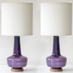 1 of the 2 Holmegaard Lilac Ceramic Lamps, Custom White Lampshades by R. Houben