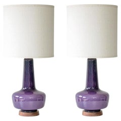 1 of the 2 Holmegaard Lilac Ceramic Lamps, Custom White Lampshades by R. Houben