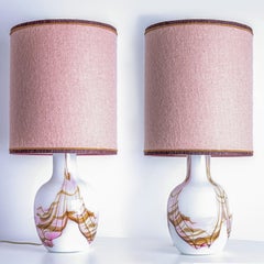 1 of the 2 Holmegaard White and Pink Glass Table Lamps, Dusty Rose Lampshades