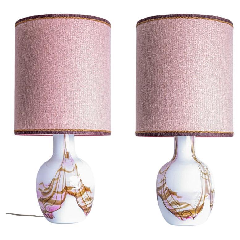1 of the 2 Holmegaard White and Pink Glass Table Lamps, Dusty Rose Lampshades