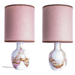 1 of the 2 Holmegaard White and Pink Glass Table Lamps, Dusty Rose Lampshades