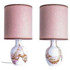 1 of the 2 Holmegaard White and Pink Glass Table Lamps, Dusty Rose Lampshades