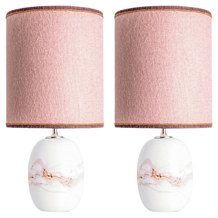 1 of the 2 Holmegaard White Pink Glass Table Lamps, Custom Made Lampshade