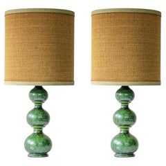 1 of the 2 Kaiser Green Curved Ceramic Lamp, Custom Silk Lampshade by R. Houben