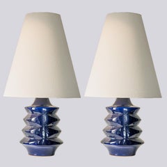 1 of the 2 Large Blue Glazed Ceramic Lamps, Custom Lampshade by R. Houben