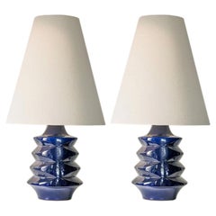 1 of the 2 Large Blue Glazed Ceramic Lamps, Custom Lampshade by R. Houben