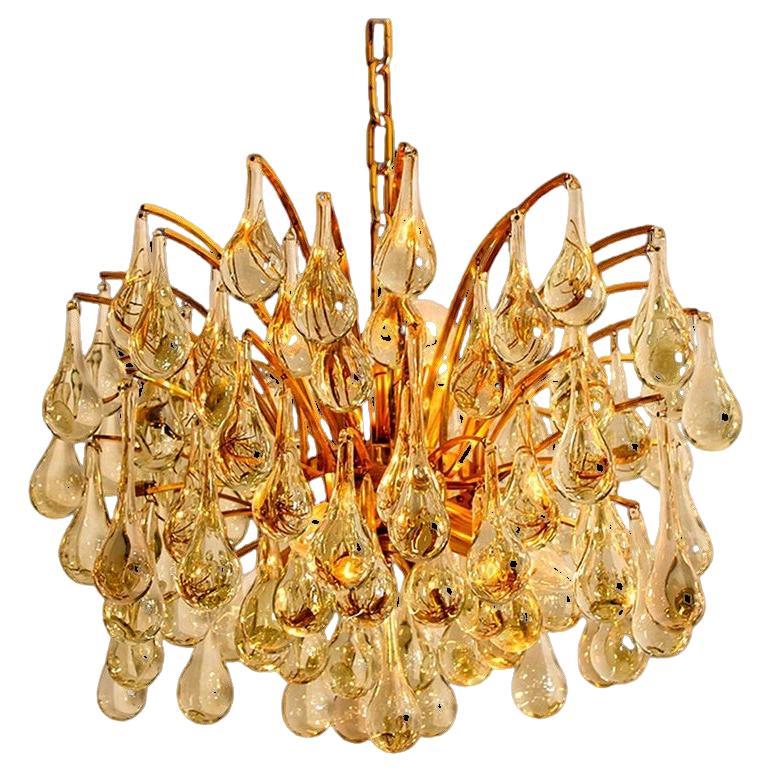 1 of the 2 Large Brass and Crystal Chandeliers, Ernst Palme, Germany, 1970s For Sale