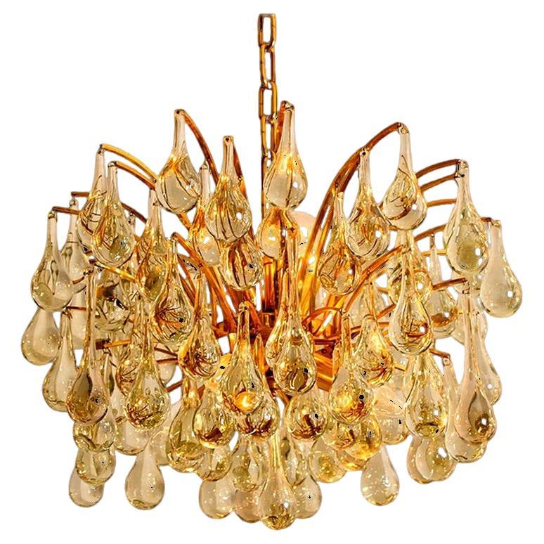 1 dei 2 grandi lampadari in ottone e cristallo, Ernst Palme, Germania, anni '70