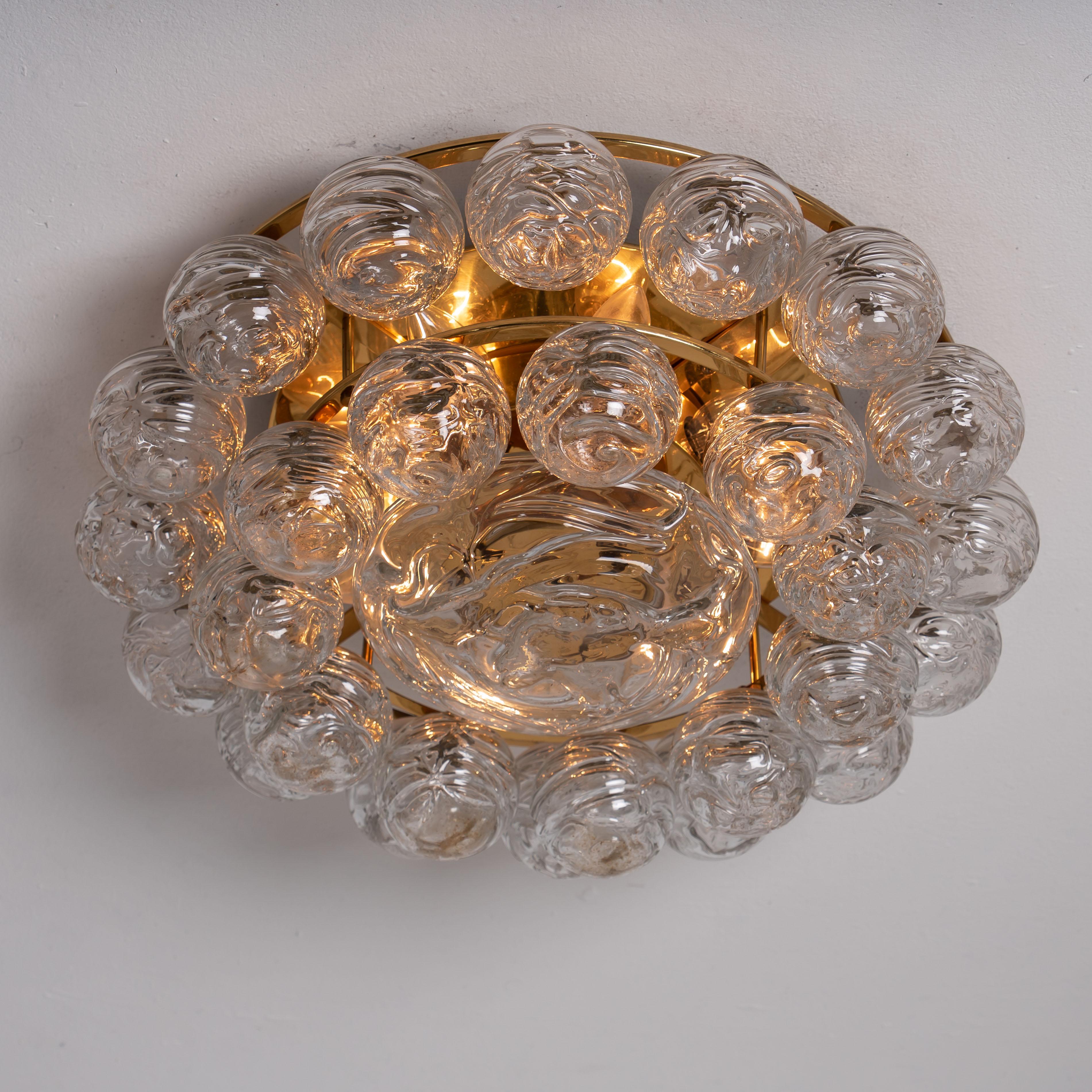 German 1 of the 2 Large Doria Flushmount Light Fixture Glass Brass Nickel, 1960s For Sale