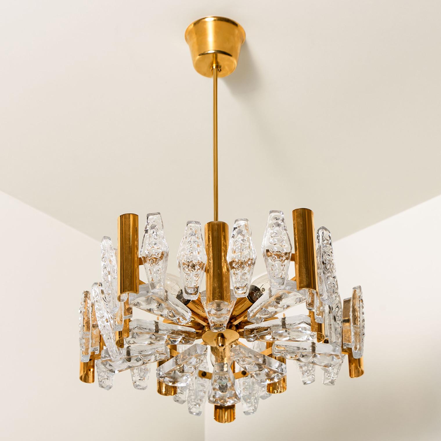 1 of the 2 Large Glass and Brass Chandelier by Orrefors, 1960s For Sale 4