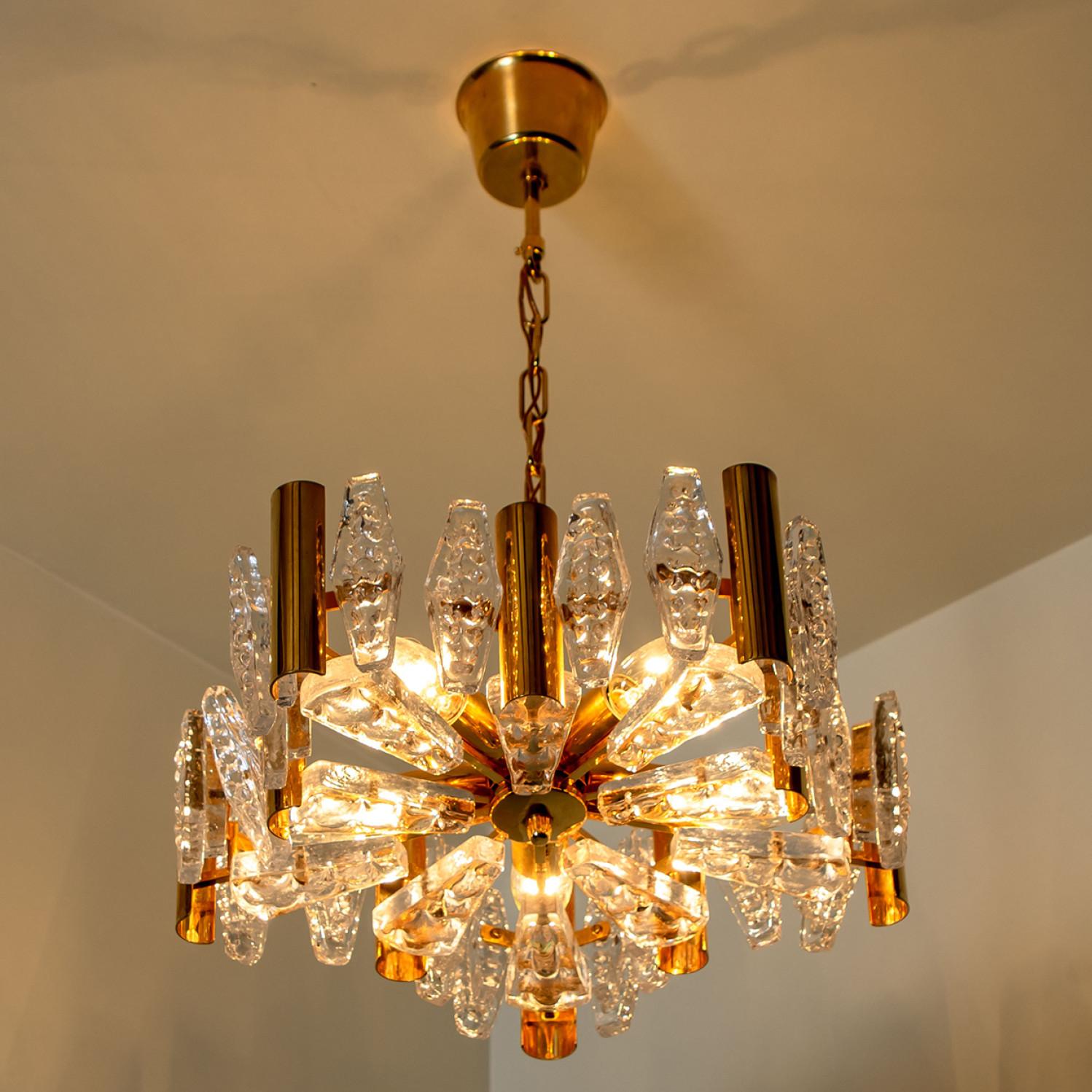 1 of the 2 Large Glass and Brass Chandelier by Orrefors, 1960s For Sale 6