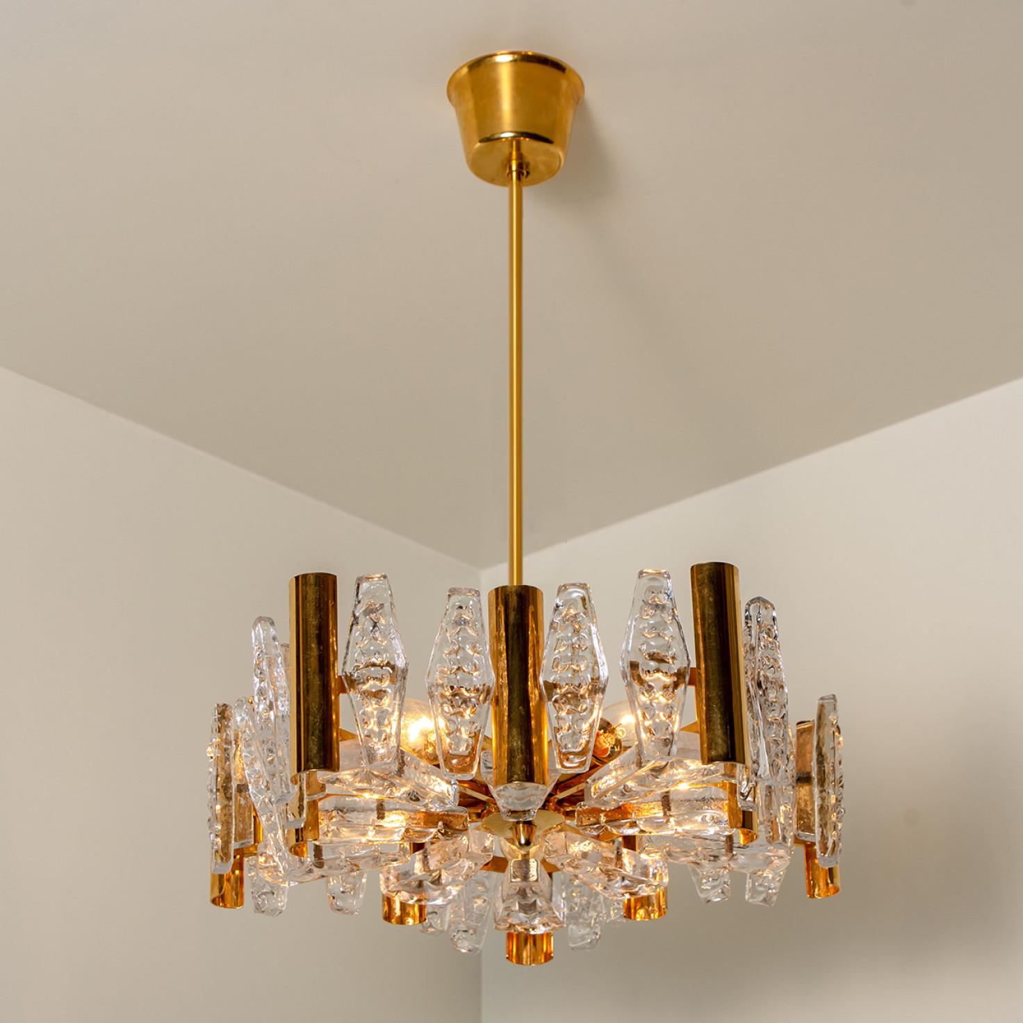 1 of the 2 Large Glass and Brass Chandelier by Orrefors, 1960s For Sale 7