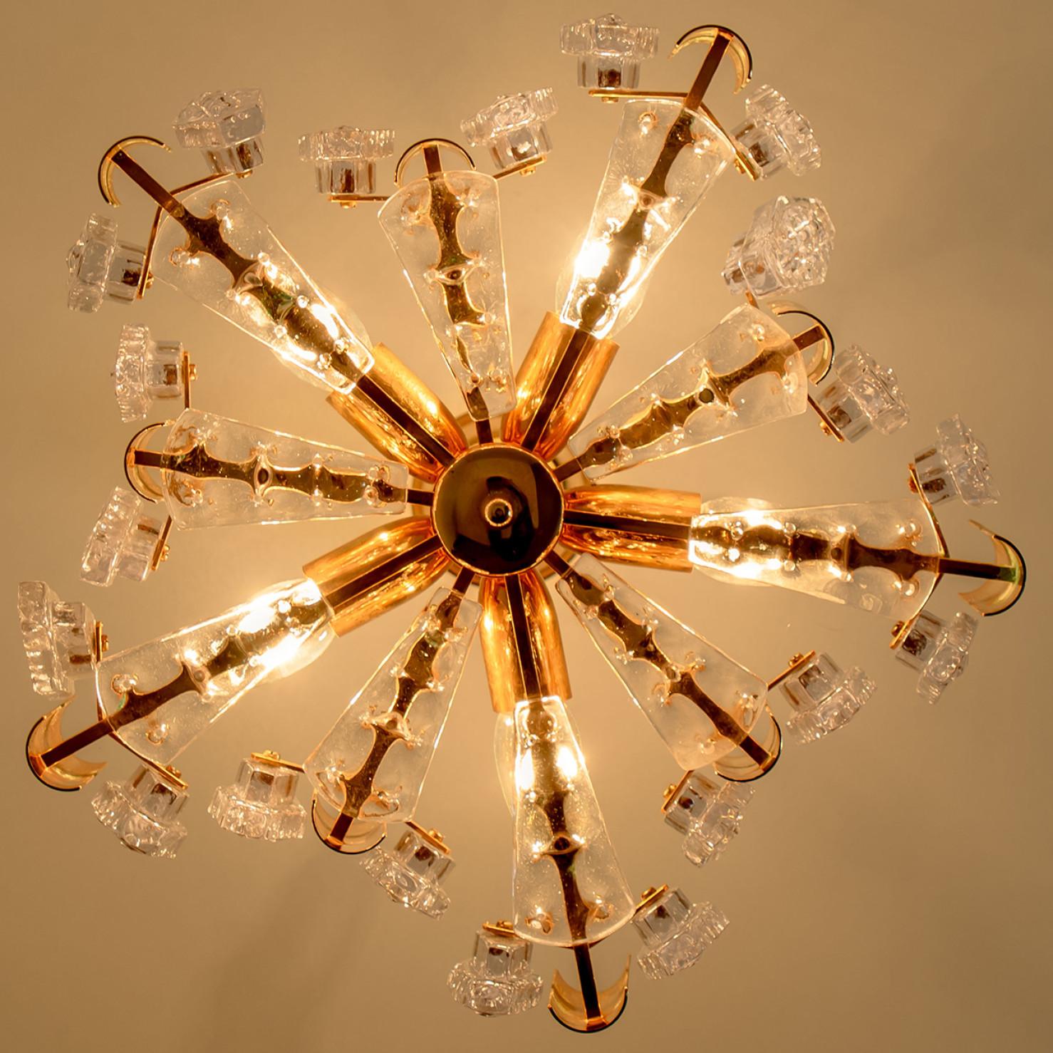 1 of the 2 Large Glass and Brass Chandelier by Orrefors, 1960s For Sale 9