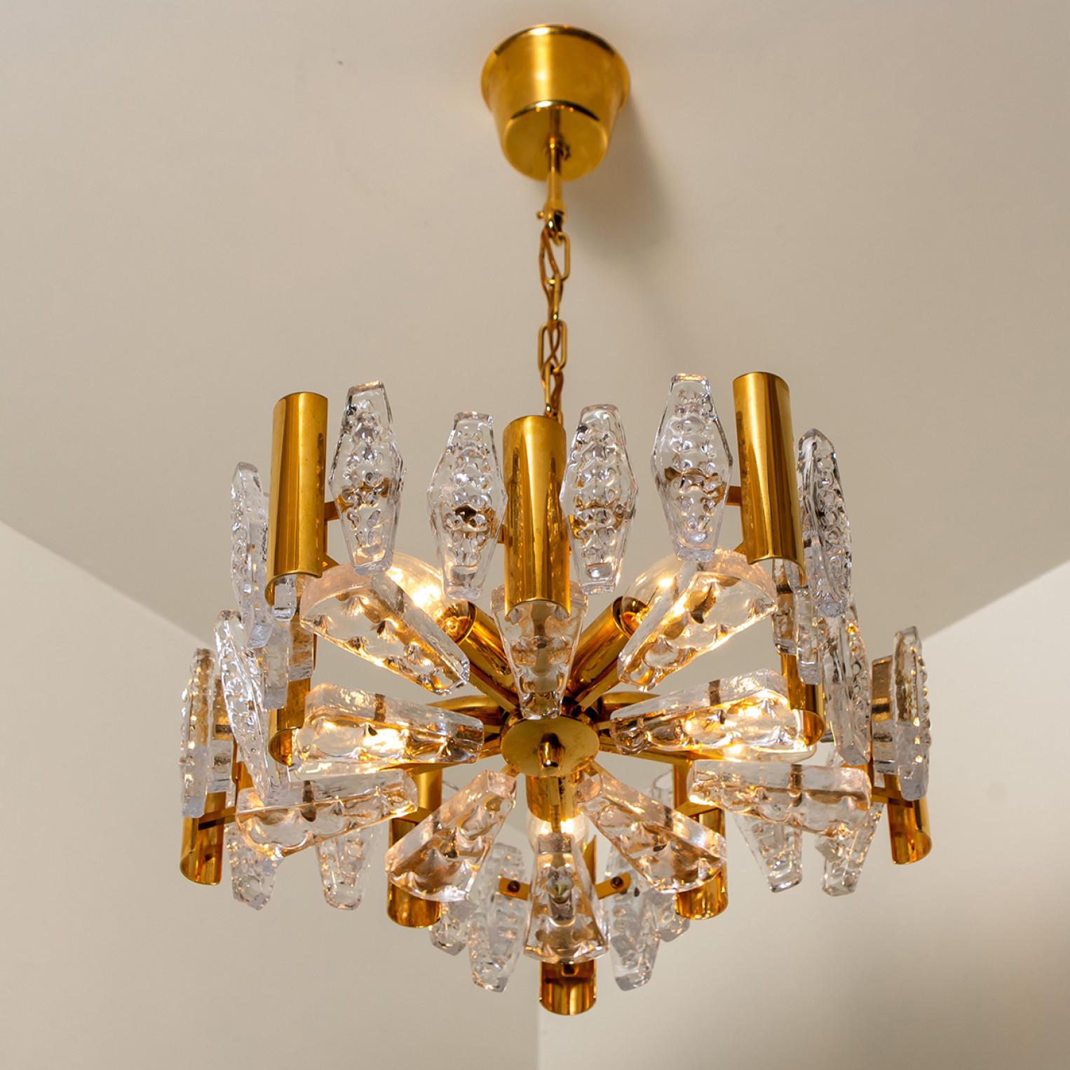 1 of the 2 Large Glass and Brass Chandelier by Orrefors, 1960s For Sale 10