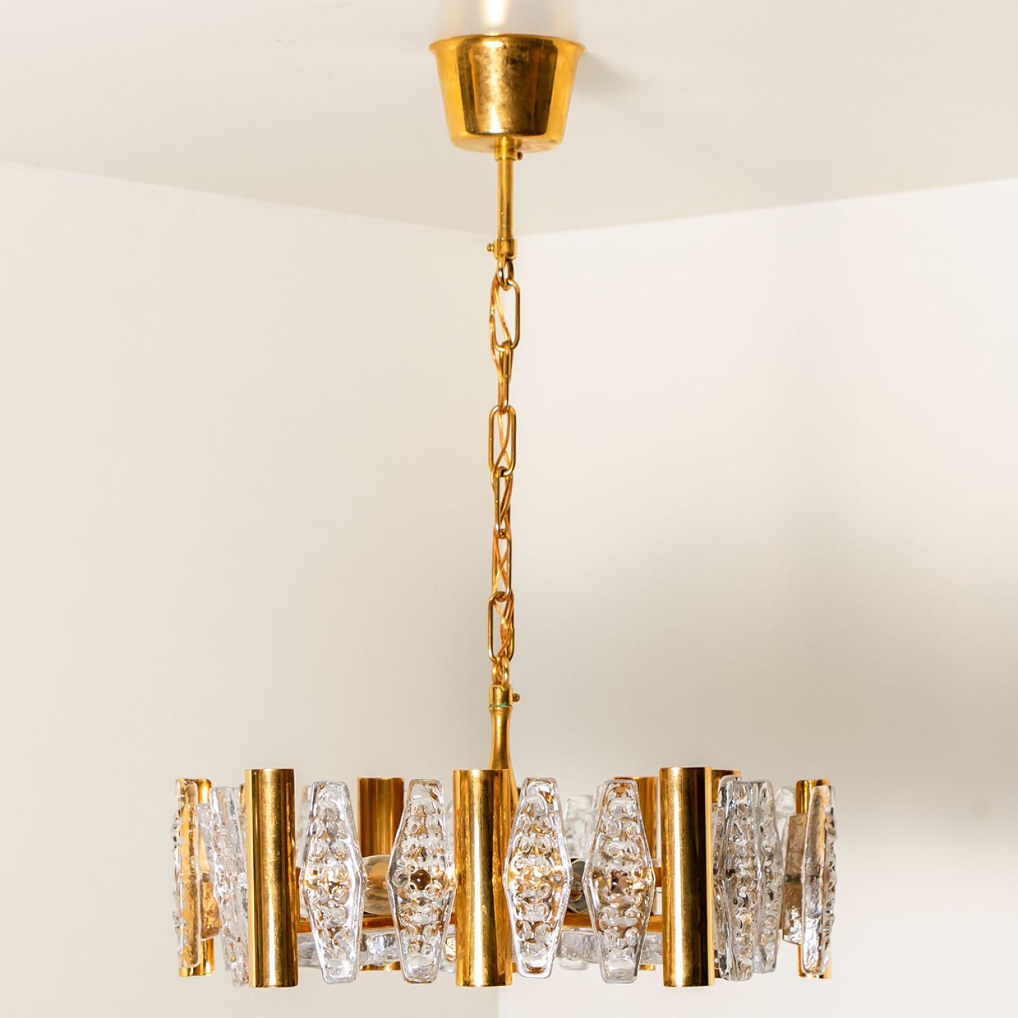 Swedish 1 of the 2 Large Glass and Brass Chandelier by Orrefors, 1960s For Sale