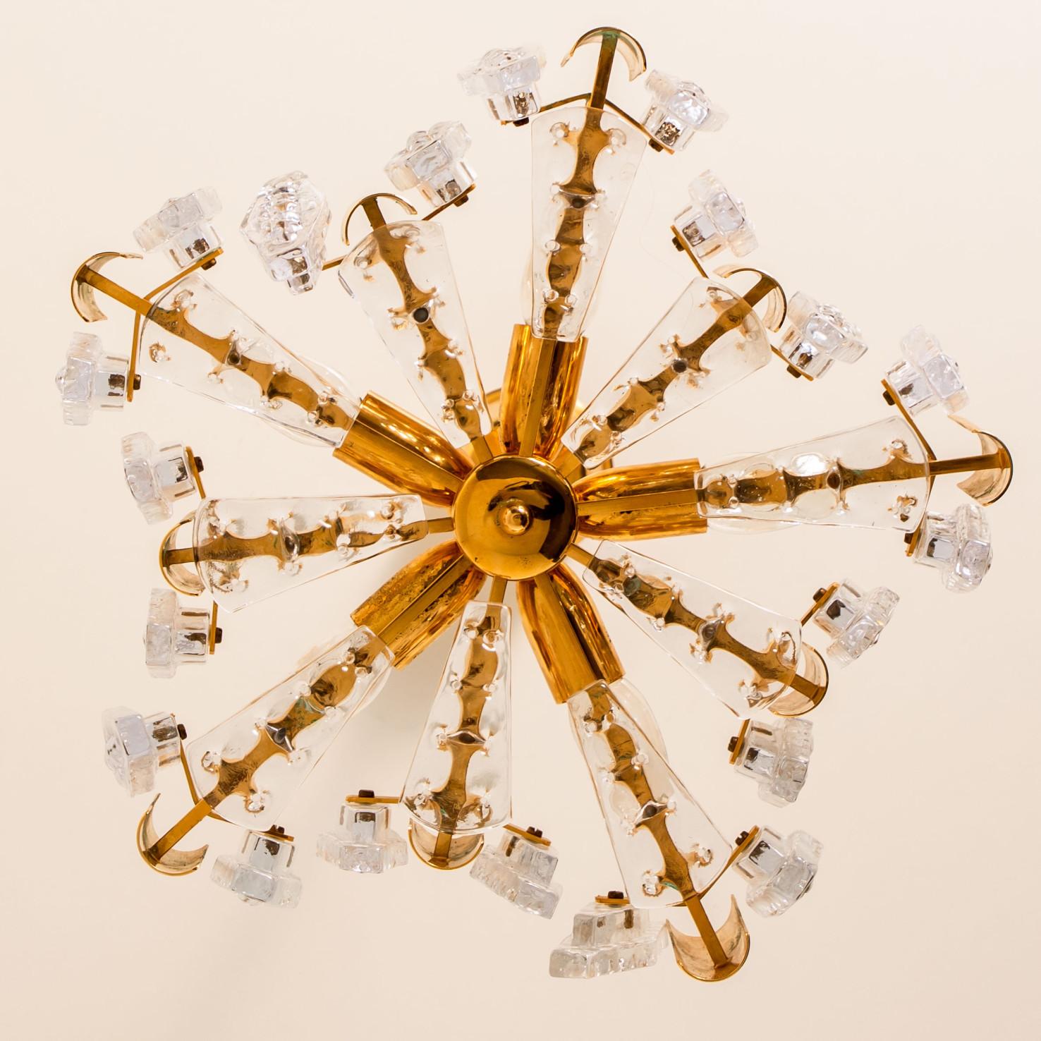 1 of the 2 Large Glass and Brass Chandelier by Orrefors, 1960s In Good Condition For Sale In Rijssen, NL
