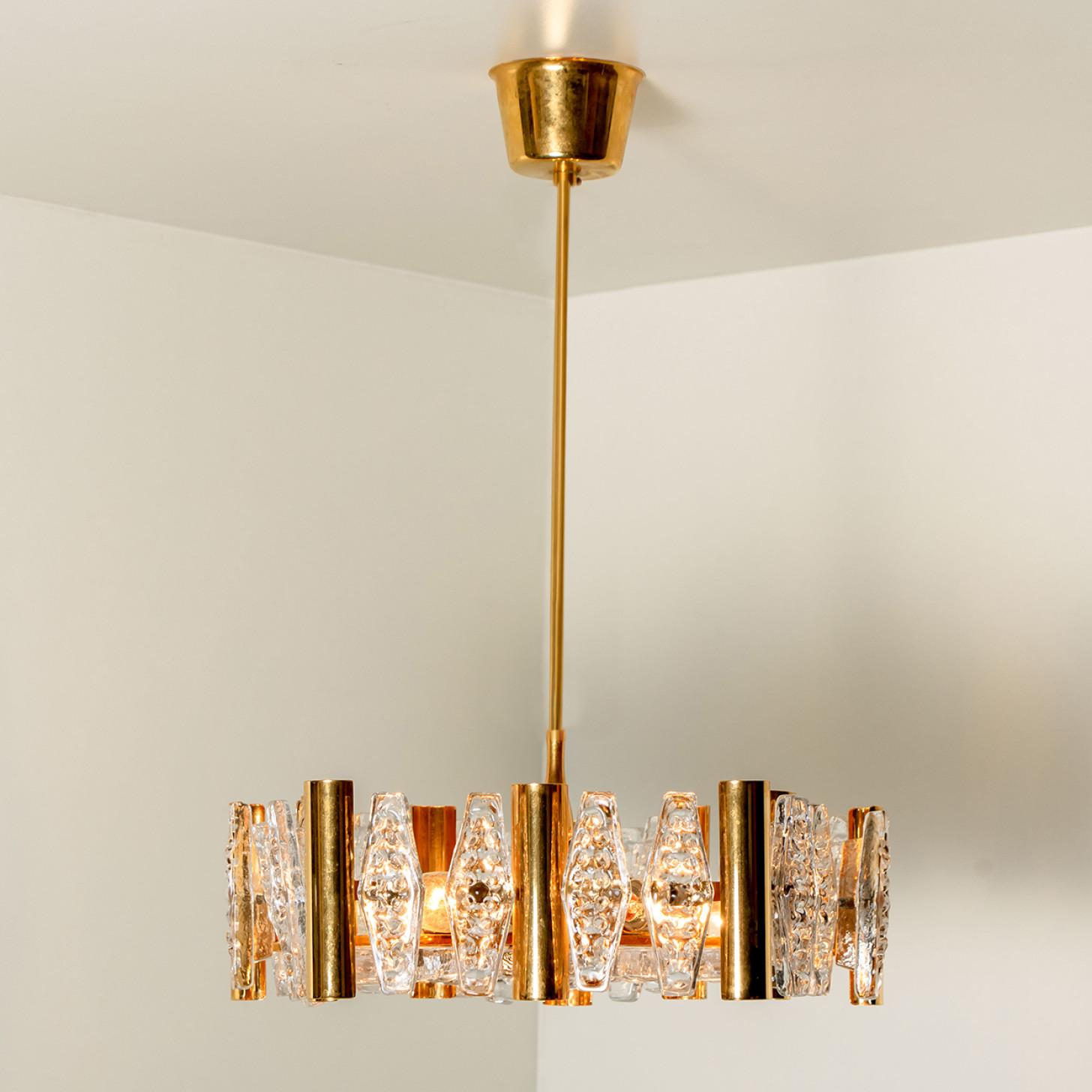 Mid-20th Century 1 of the 2 Large Glass and Brass Chandelier by Orrefors, 1960s For Sale