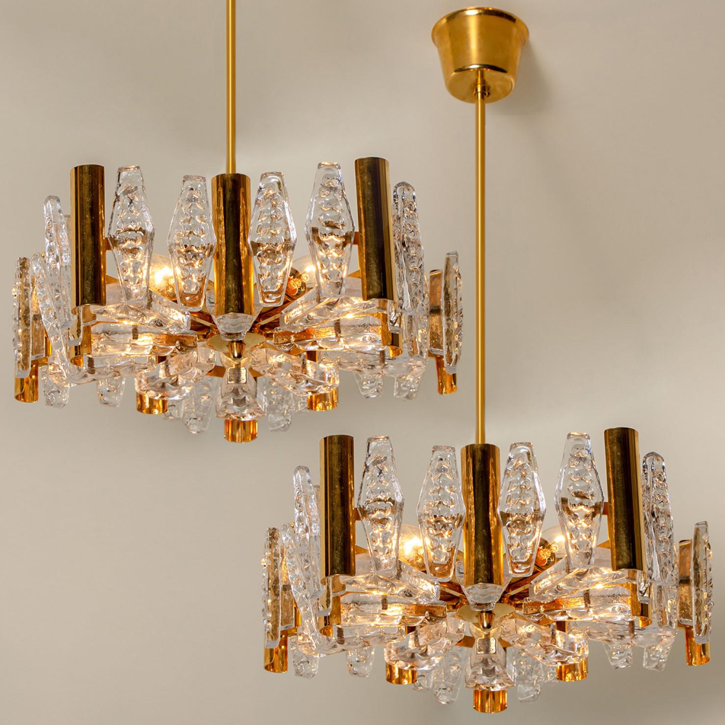 1 of the 2 Large Glass and Brass Chandelier by Orrefors, 1960s For Sale 1