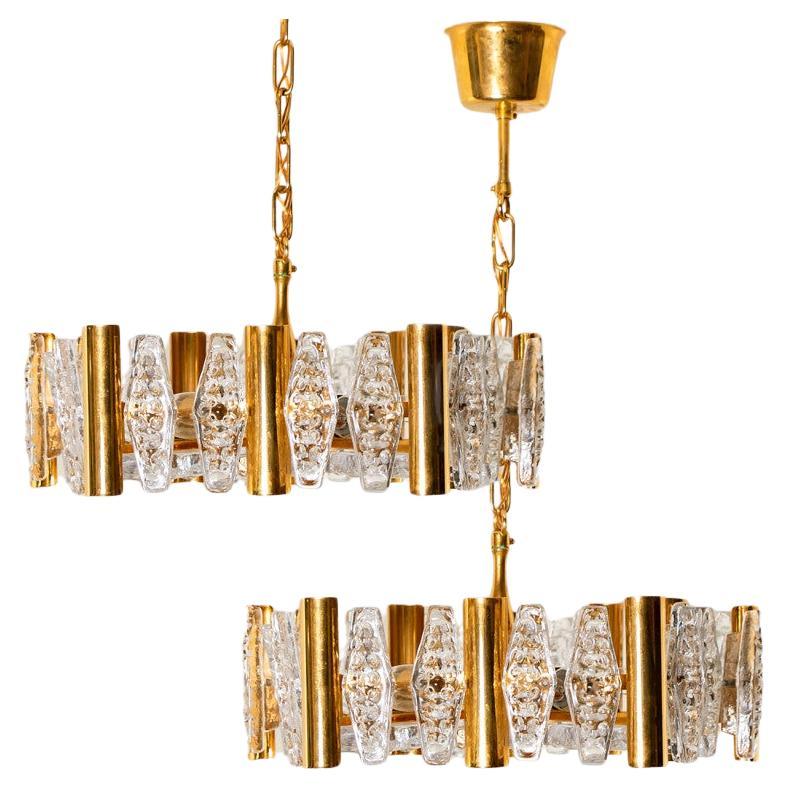 1 of the 2 Large Glass and Brass Chandelier by Orrefors, 1960s For Sale