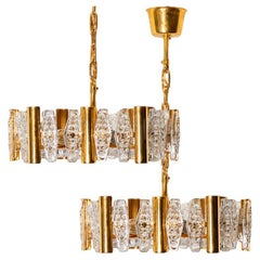1 of the 2 Large Glass and Brass Chandelier by Orrefors, 1960s