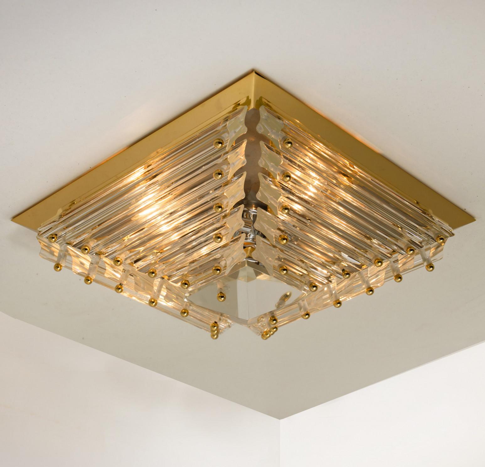 Mid-Century Modern 1 of the 2 Large Gold-Plated Piramide Venini Flush Mounts, 1970s, Italy For Sale