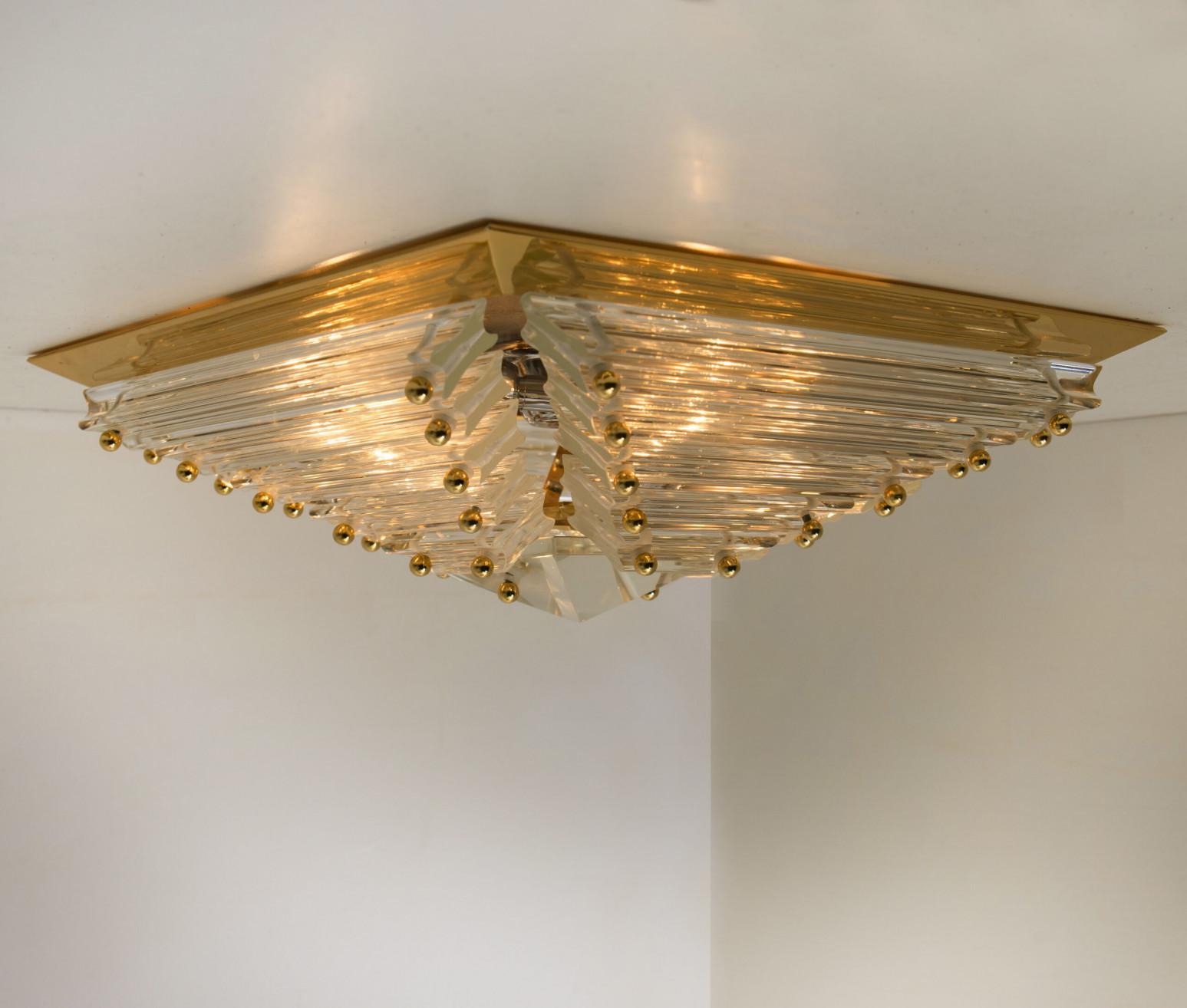 Gold Plate 1 of the 2 Large Gold-Plated Piramide Venini Flush Mounts, 1970s, Italy For Sale