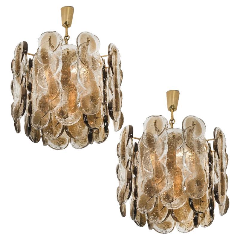 1 of the 2 Large Kalmar Chandeliers Citrus Swirl Smoked Glass, Austria, 1969