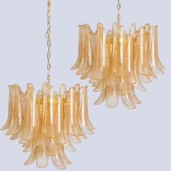 1 of the 2 Large Murano Amber Glass Leafs Chandeliers, Italy 1970