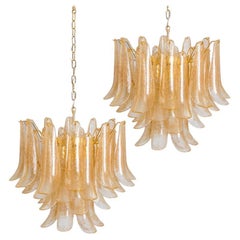 1 of the 2 Large Murano Amber Glass Leafs Chandeliers, Italy 1970