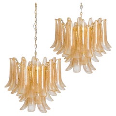 1 of the 2 Large Murano Amber Glass Leafs Chandeliers, Italy 1970