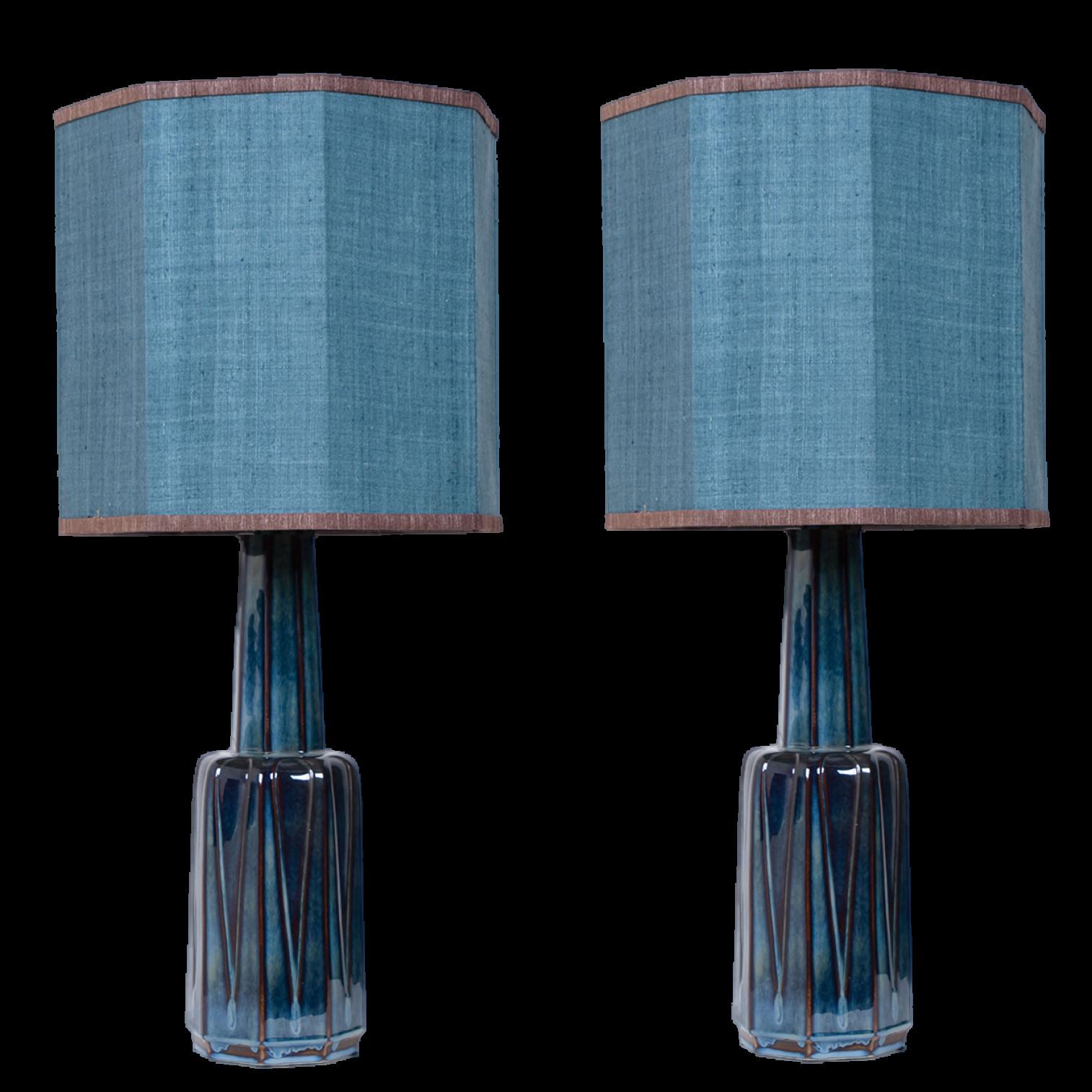 1 of the 2 Ceramic large table lamps by Soholm, Denmark, 1960s. This high-end sculptural piece is handmade ceramic in blue or grey tones, with a combination of dry and glazed finishes. With a new custom made blue silk lamp shade with warm gold or