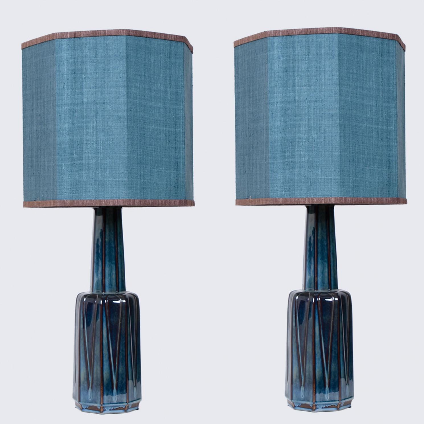 1 of the 2 Ceramic large table lamps by Soholm, Denmark, 1960s. This high-end sculptural piece is handmade ceramic in blue or grey tones, with a combination of dry and glazed finishes. With a new custom made blue silk lamp shade with warm gold or