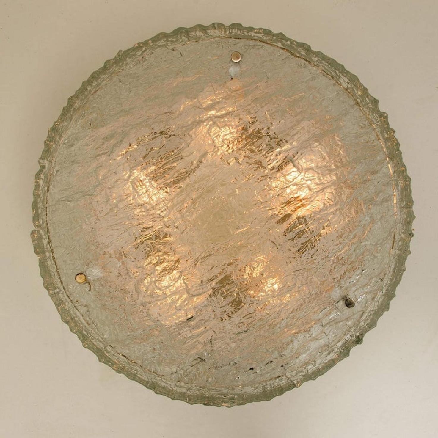 Metal 1 of the 2 Large Textured Glass Flush Mounts by Kaiser, 1960s