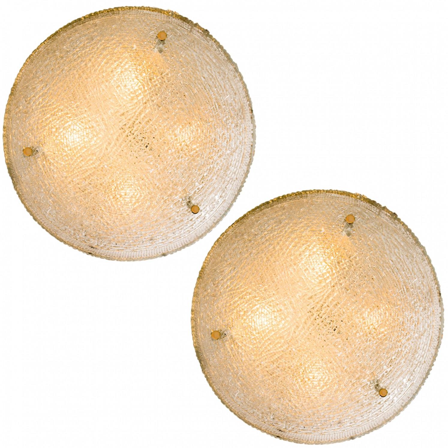 1 of the 2 Large Thick Textured Glass Brass Flush Mounts Ceiling Lights, 1960s For Sale 2