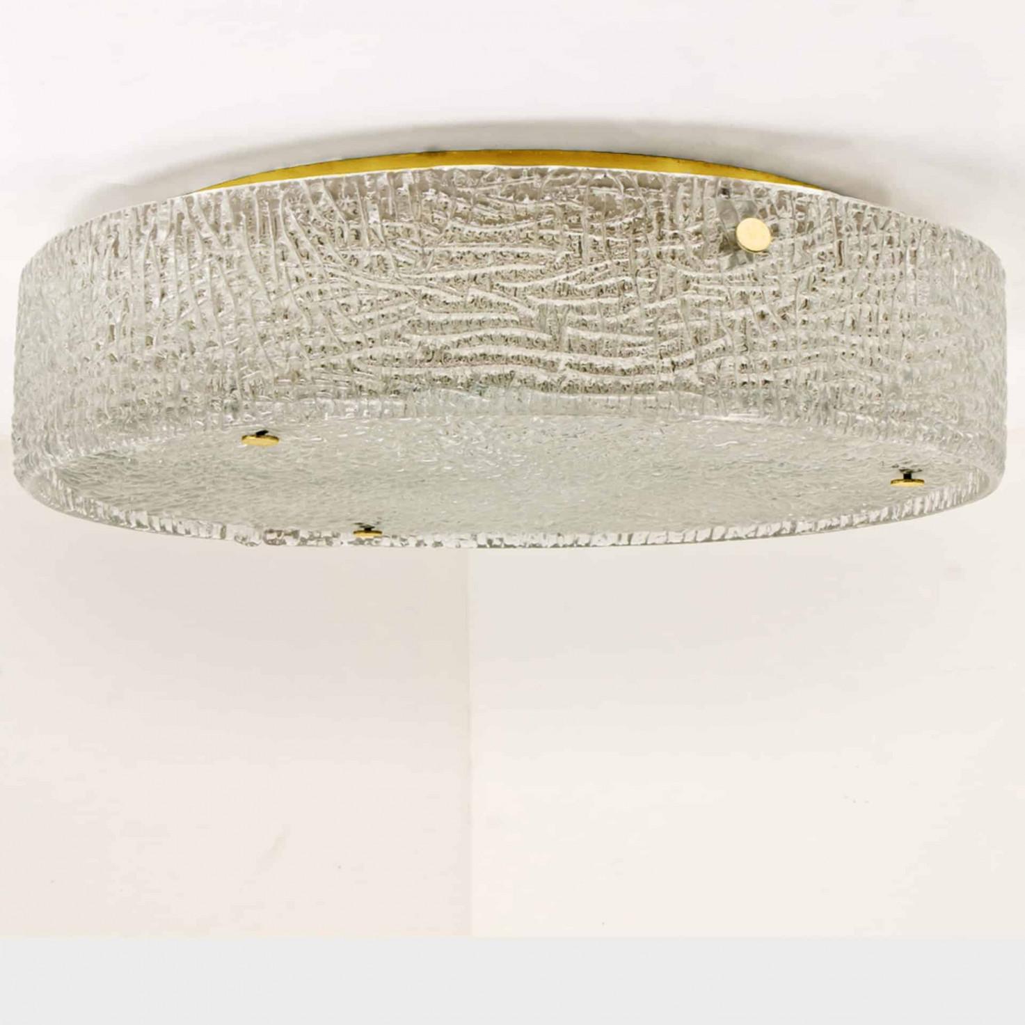 Mid-Century Modern 1 of the 2 Large Thick Textured Glass Brass Flush Mounts Ceiling Lights, 1960s For Sale