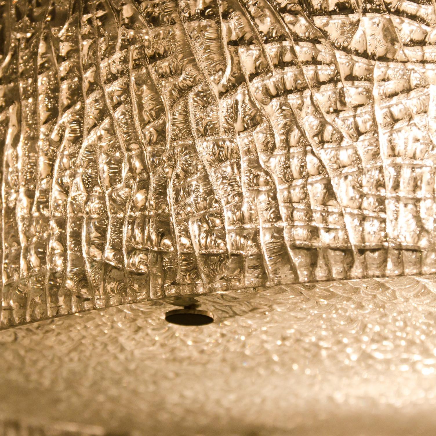 Late 20th Century 1 of the 2 Large Thick Textured Glass Brass Flush Mounts Ceiling Lights, 1960s For Sale