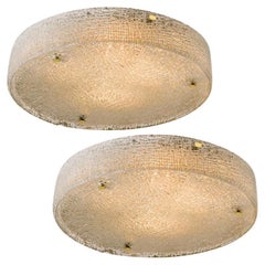 The 2 Large Thick Textured Glass Brass Flush Mounts Ceiling Lights, 1960s