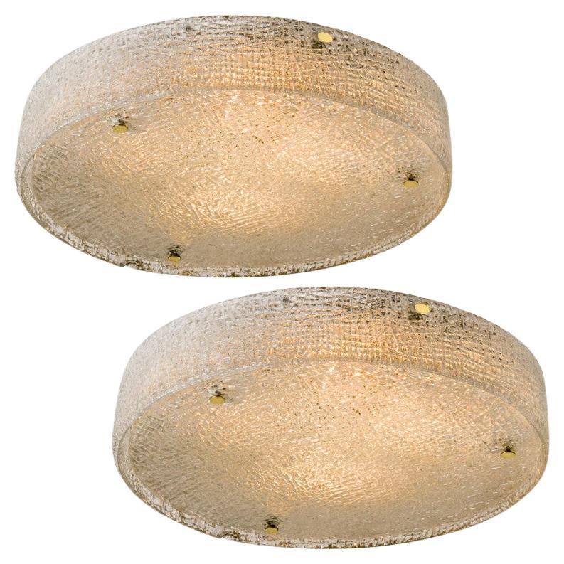 1 of the 2 Large Thick Textured Glass Brass Flush Mounts Ceiling Lights, 1960s For Sale