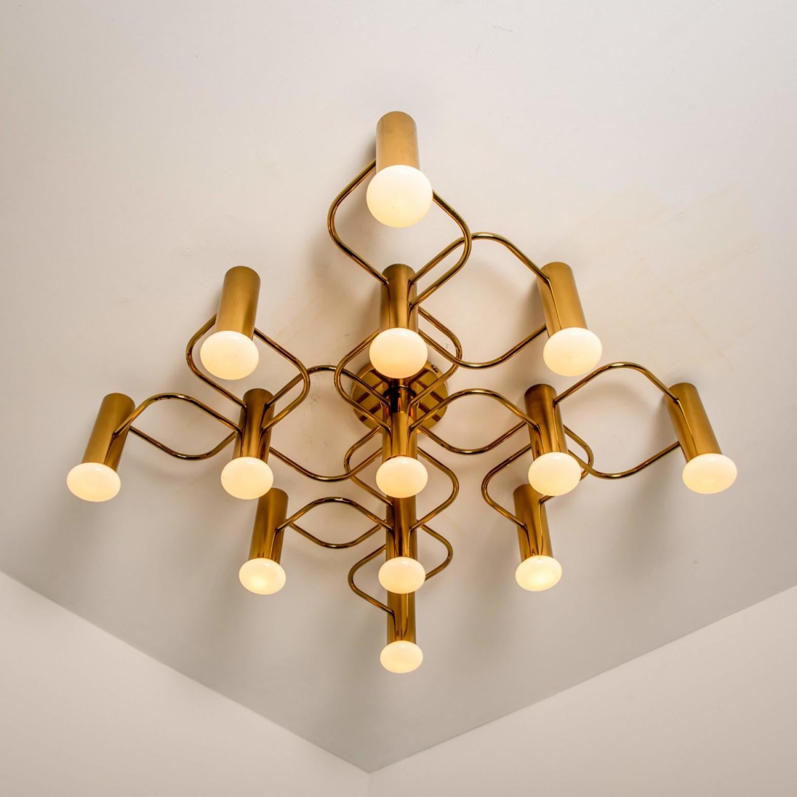 20th Century 1 of the 2 Leola Sculptural Brass 13-Light Ceiling or Wall Flush Mounts, 1970s