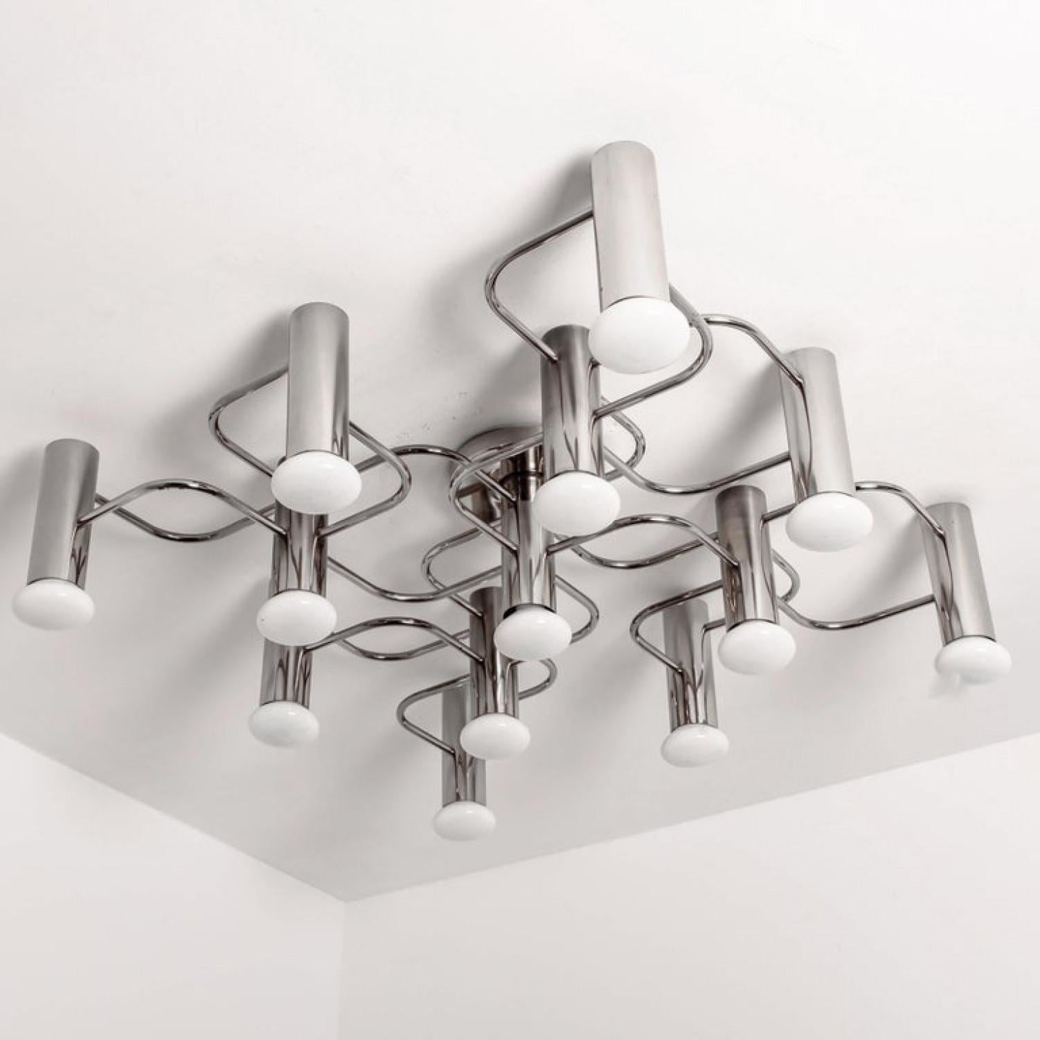 Italian 1 of the 2 Leola Sculptural Chrome 9-Light Ceiling or Wall Flush Mount, 1970 For Sale
