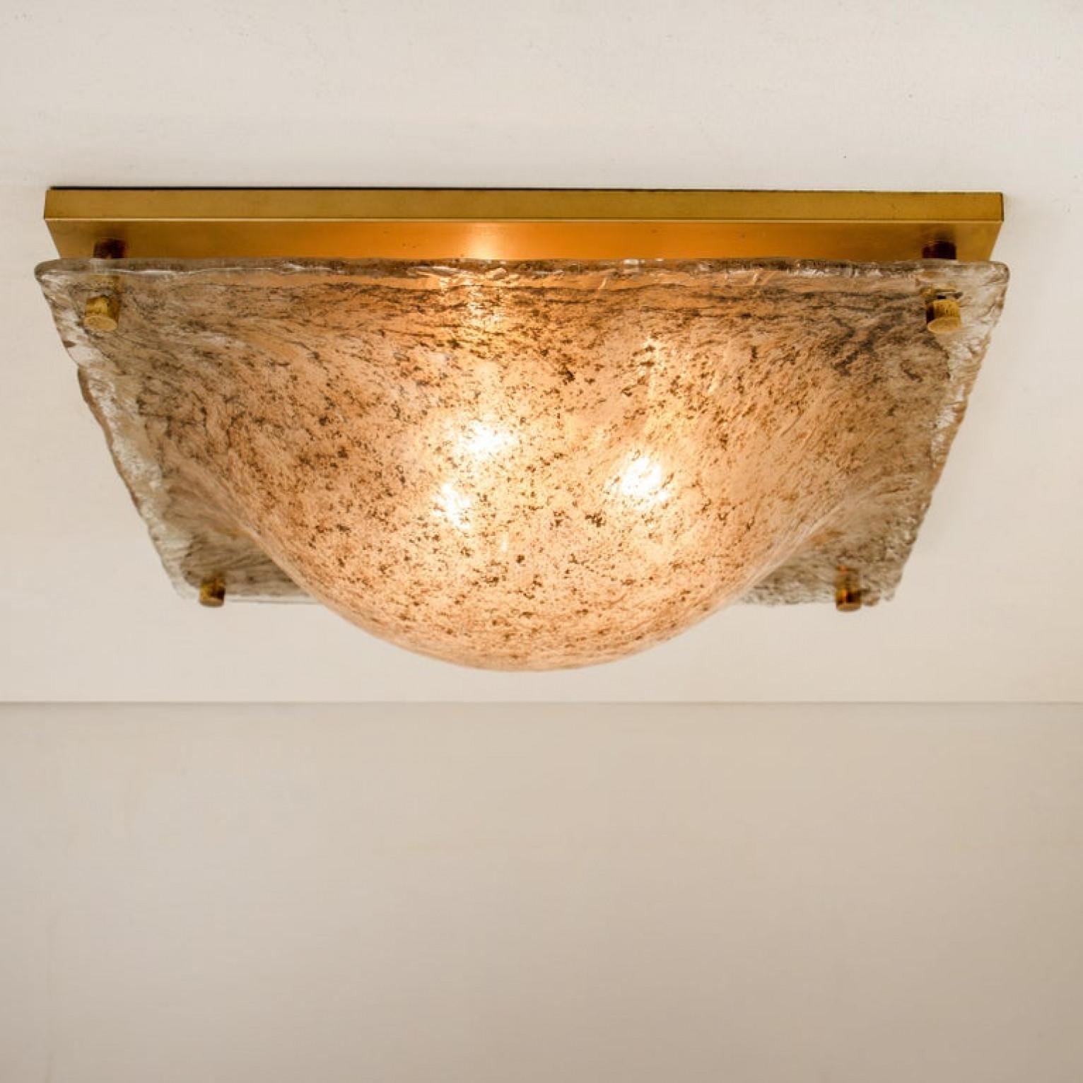 Brass 1 of the 2 Massive Textured Glass Flush mount or Wall Light by Kalmar, 1960 For Sale